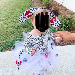 Baby Dalmatian costume. tutu, ears, onesie, leg warmers. From etsy, paid $100